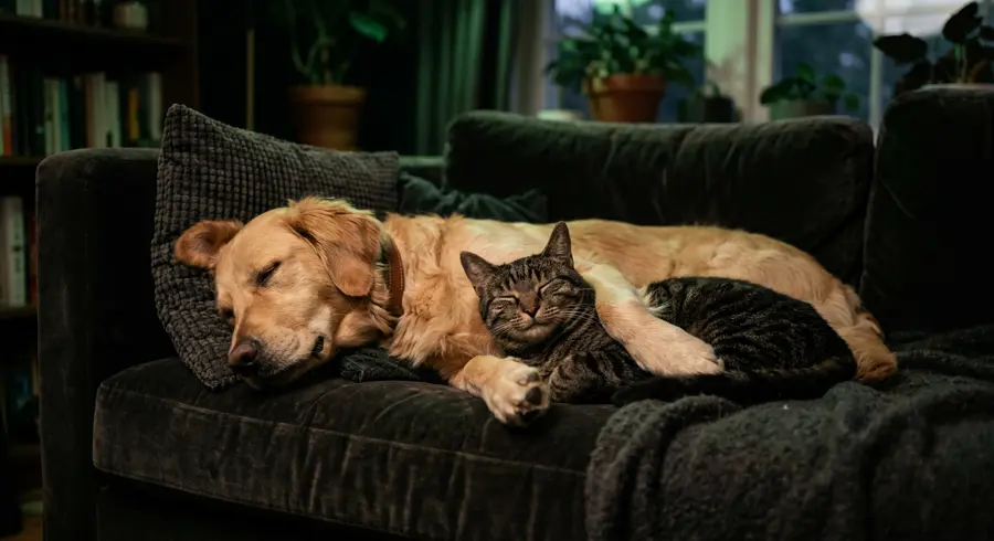 Cachorro e gato dormindo juntos no sofá